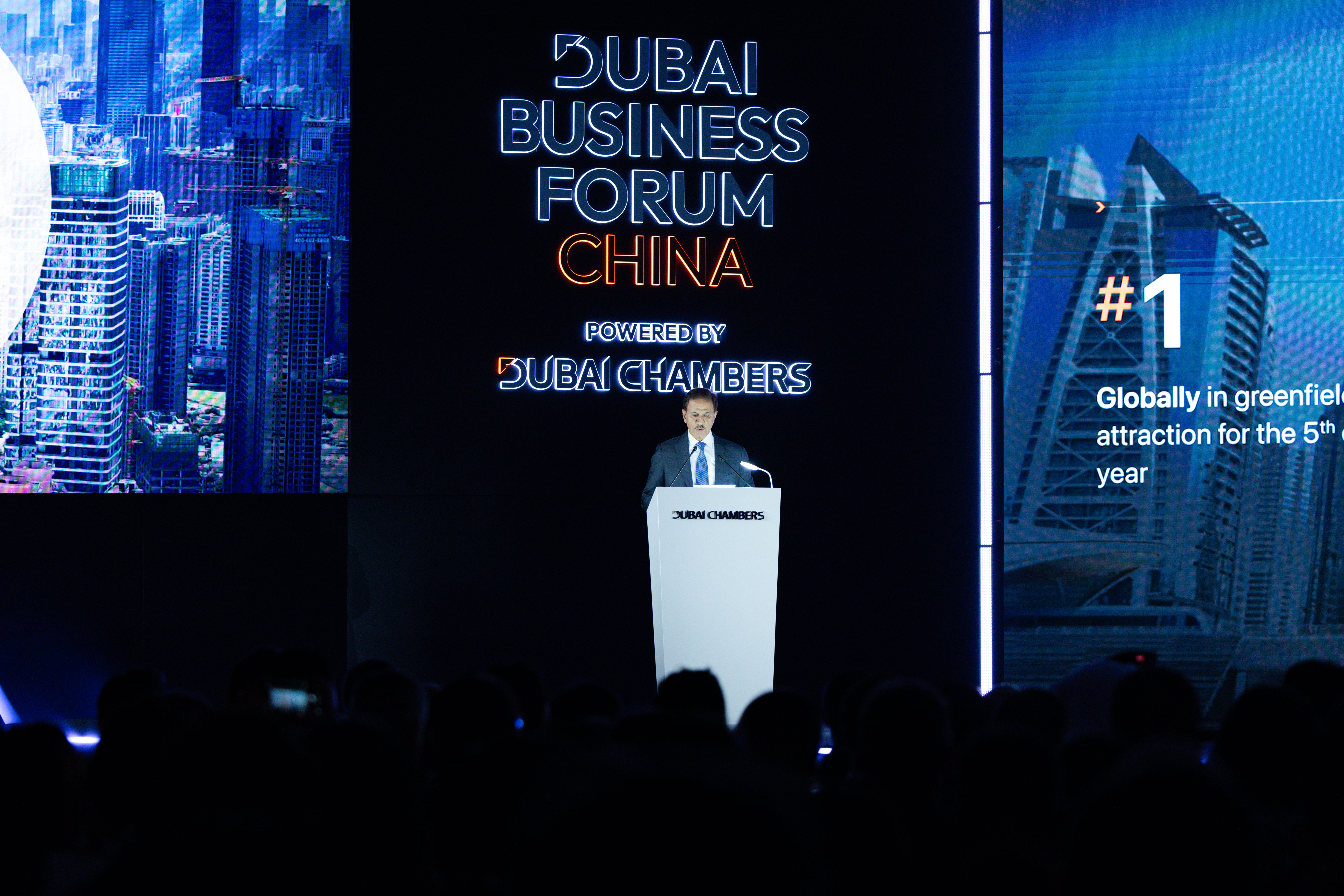H.E. Eng. Sultan bin Saeed Al Mansoori, Chairman of Dubai Chambers, delivers the opening address at Dubai Business Forum - China